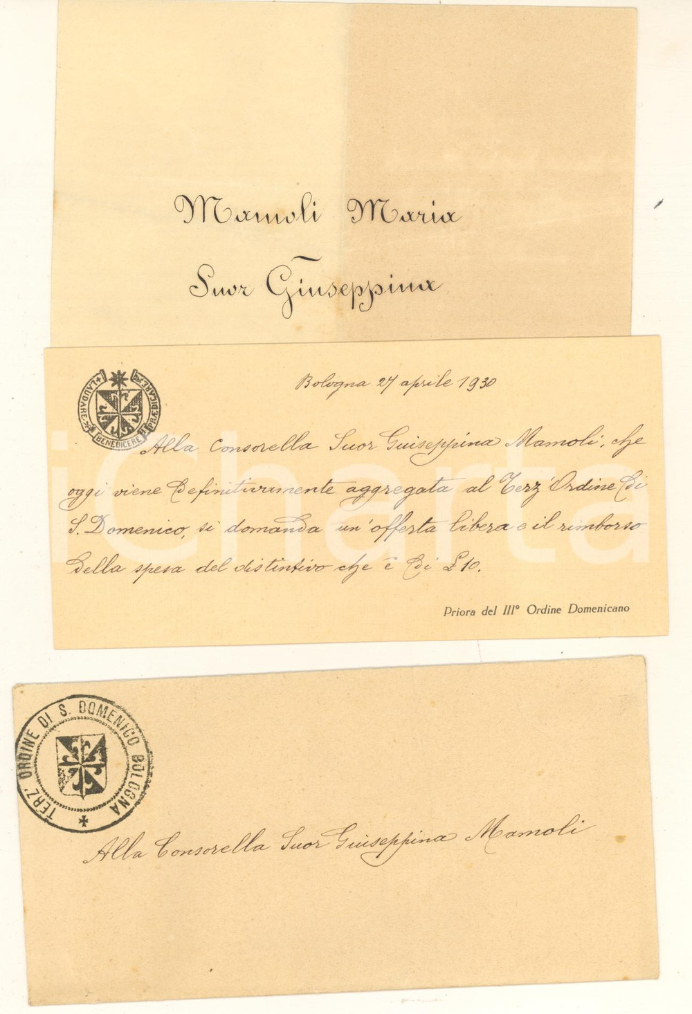 Documento originale, autentico 1930 BOLOGNA Terz Ordine di San Domenico  Offerta suor Giuseppina MAMOLI 1