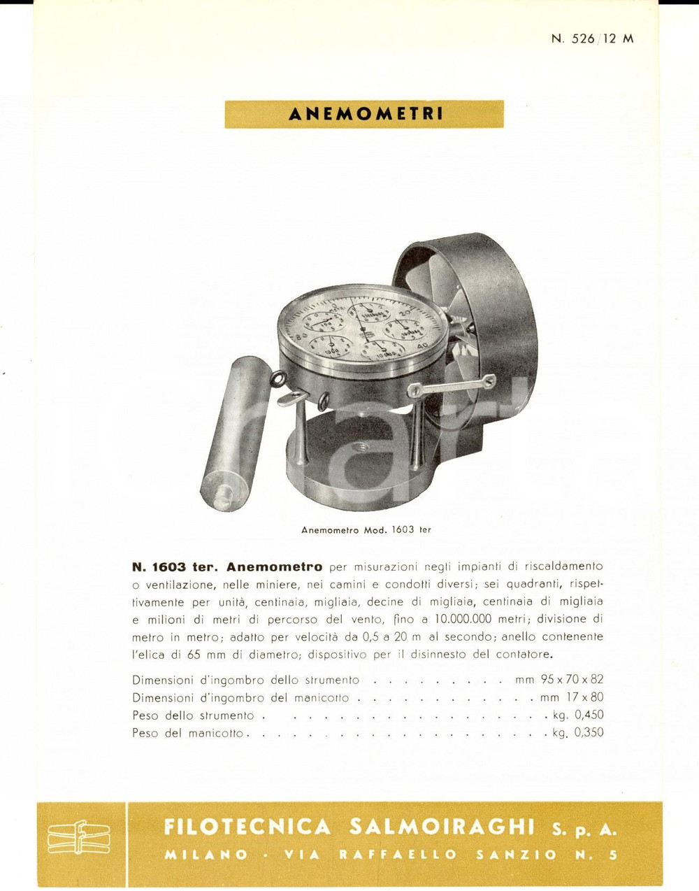 Materiale pubblicitario d’epoca 1950 ca MILANO Filotecnica SALMOIRAGHI Anemometri Volantino pubblicitario 1