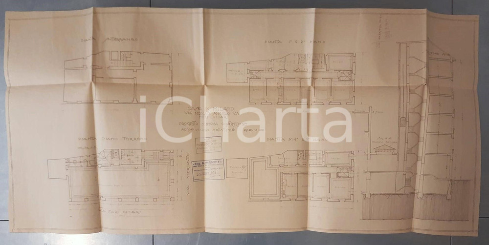 Mappa, planimetria storica 1927 MILANO via Mercato  Progetto casa Gaetano CESCHINA Pianta e sezione 1