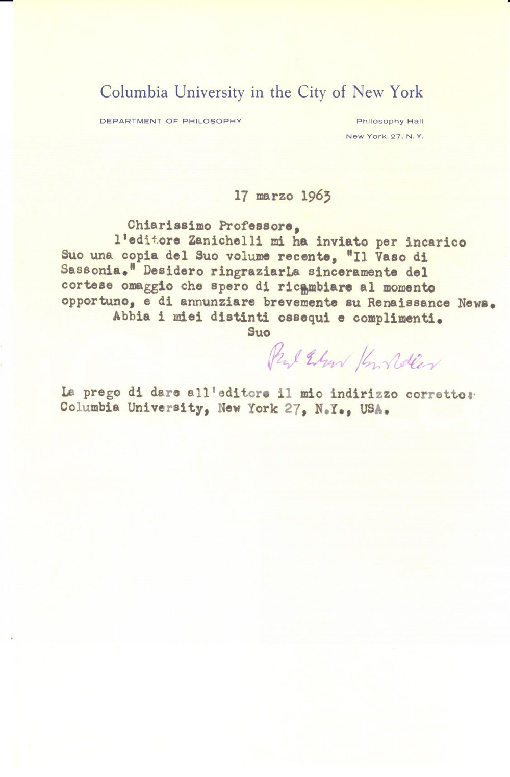 Autografo originale 1963 NEW YORK Lettera Paul Oskar KRISTELLER per ringraziamento AUTOGRAFO 1