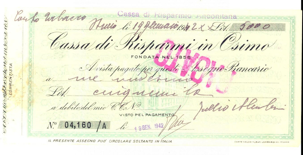 Oggetto da collezione cartaceo 1942 OSIMO AN Cassa di Risparmi in OSIMO Assegno bancario 1