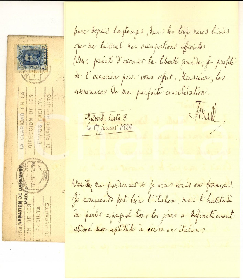 Autografo originale 1924 MADRID Legacion de DINAMARCA Lettera Jens BULL ringraziamento AUTOGRAFO 1