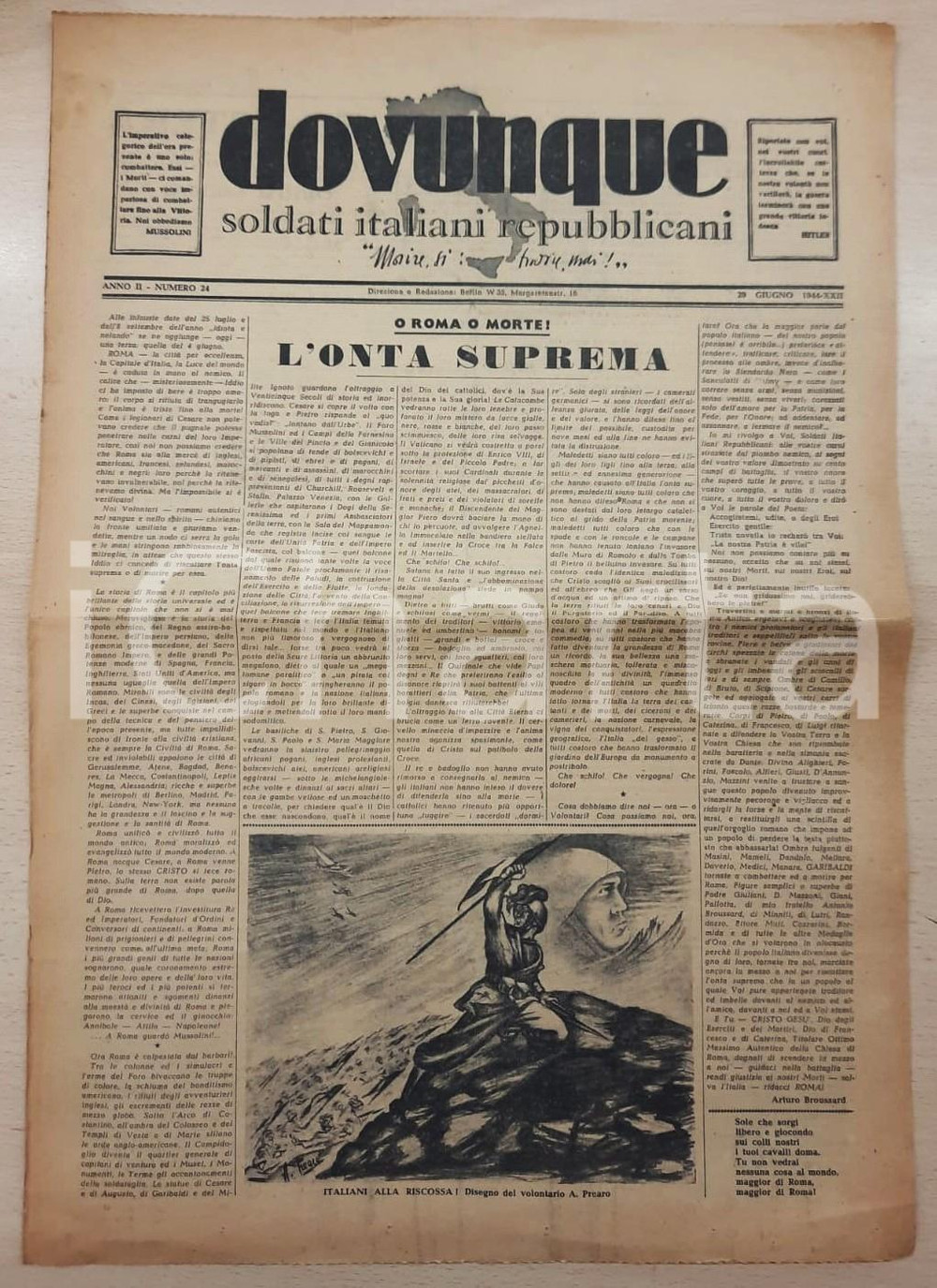 Giornale, rivista storica 1944 WW2 RSI DOVUNQUE Soldati italiani repubblicani  Roma al nemico Giornale 1