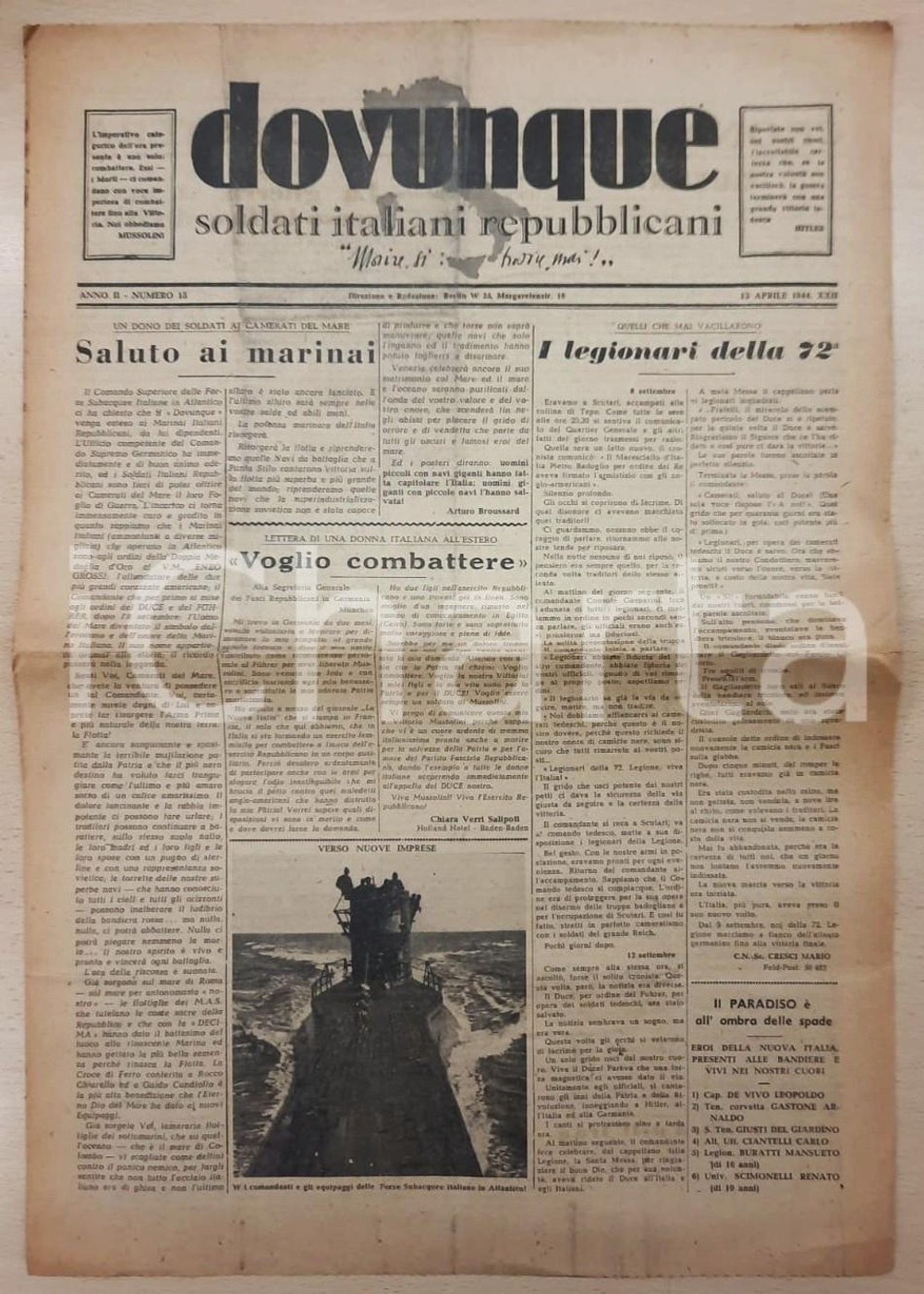 Giornale, rivista storica 1944 RSI DOVUNQUE Soldati italiani repubblicani  Legionari della 72 Giornale 1
