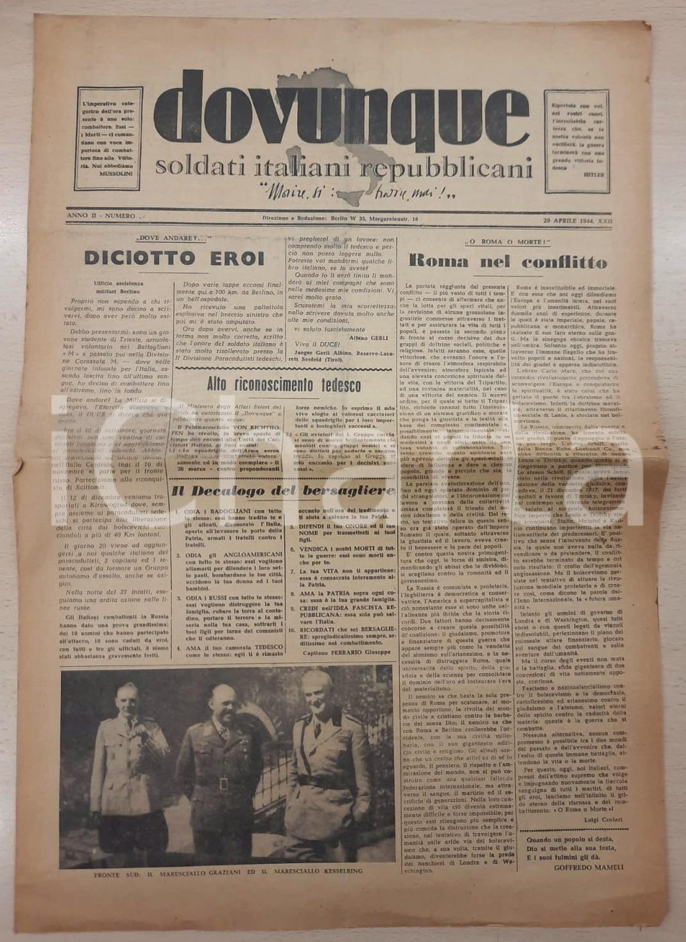 Giornale, rivista storica 1944 RSI DOVUNQUE Soldati italiani repubblicani  Albino GERLI: 18 eroi GIORNALE 1
