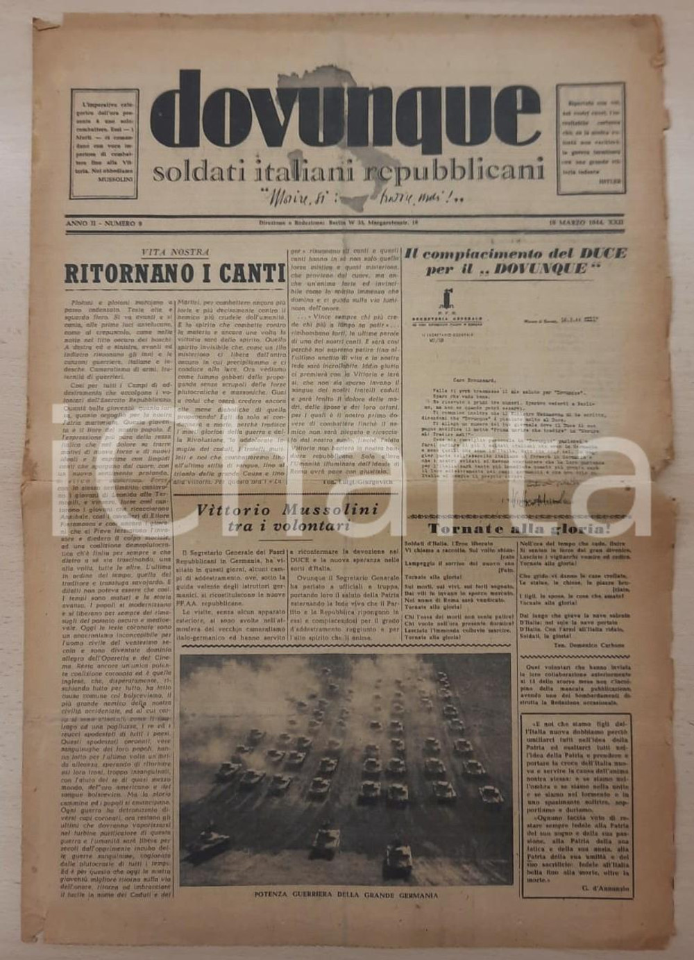 Giornale, rivista storica 1944 RSI DOVUNQUE Soldati italiani repubblicani  Vittorio Mussolini Giornale 1