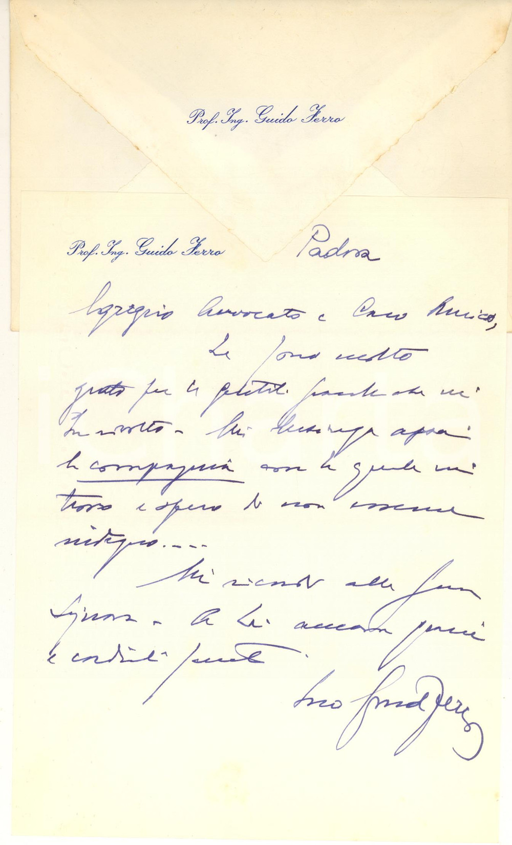 Autografo originale 1969 PADOVA Prof. Ing. Guido FERRO  Lettera di ringraziamento Autografo 1
