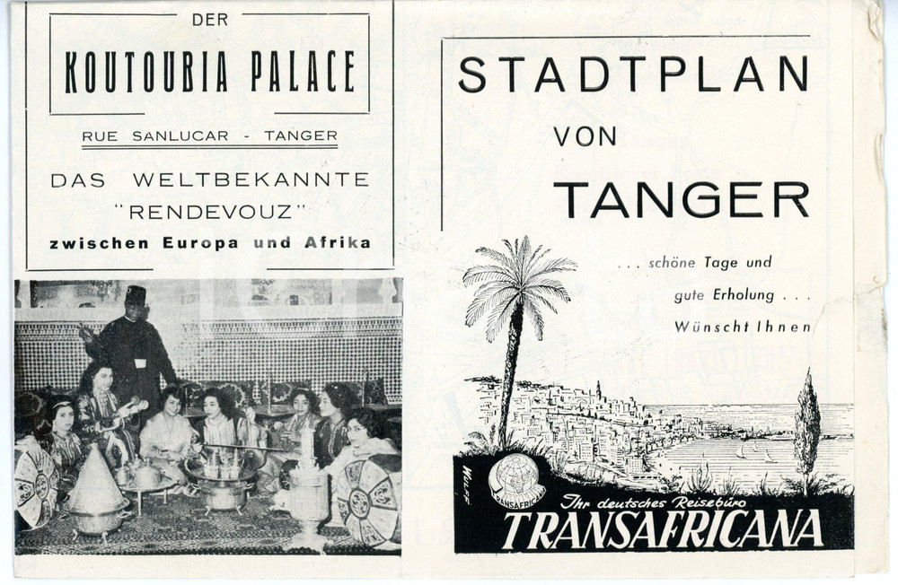 Materiale pubblicitario d’epoca 1950 ca TRANSAFRICANA Stadtplan von TANGERI Pieghevole VINTAGE 24x16 cm 1