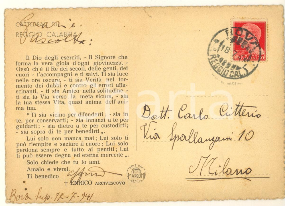 Autografo originale 1941 BOVA / REGGIO CALABRIA Arcivescovo Enrico MONTALBETTI Cartolina AUTOGRAFA 1