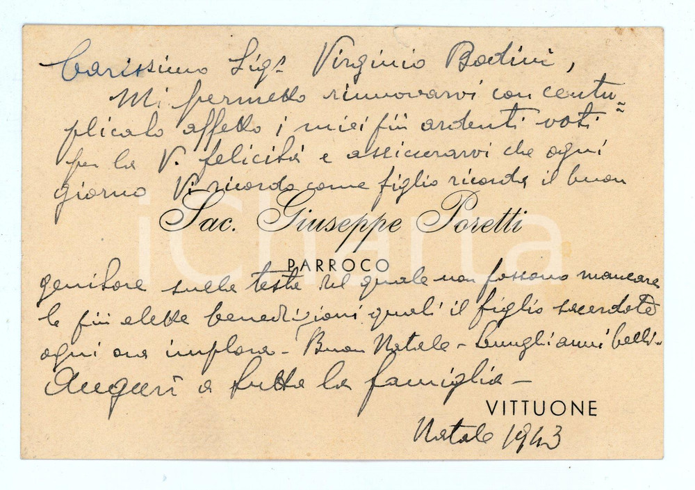 Oggetto da collezione cartaceo 1943 VITTUONE Don Giuseppe PORETTI Biglietto di auguri natalizi AUTOGRAFO 1