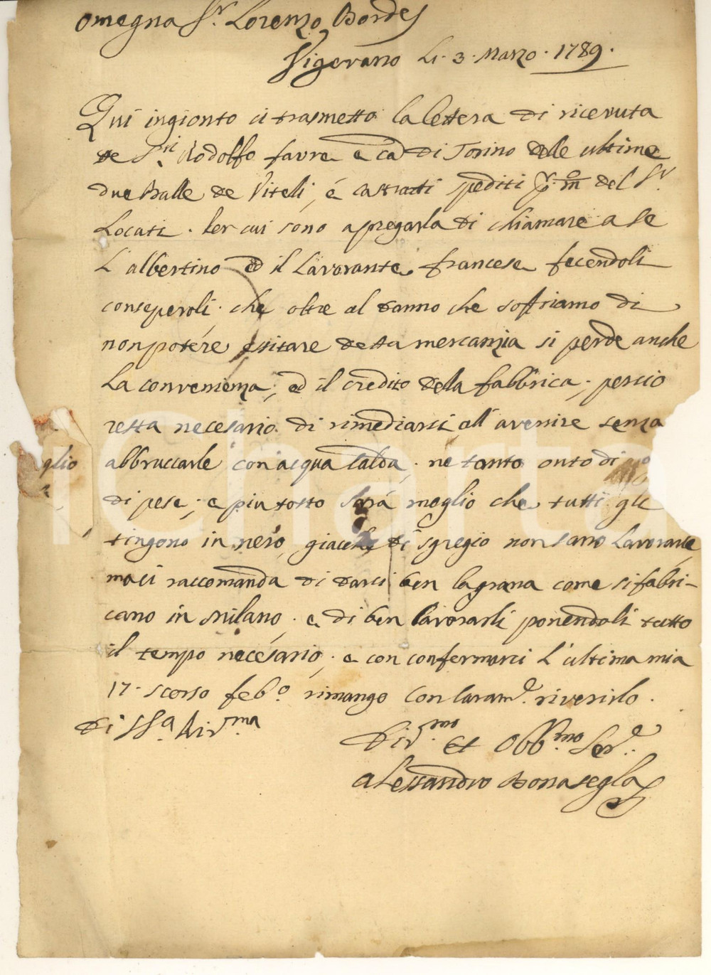 Manoscritto, lettera originale 1789 VIGEVANO Alessandro BONASEGLA su lavorazione e tintura pelli Lettera 1