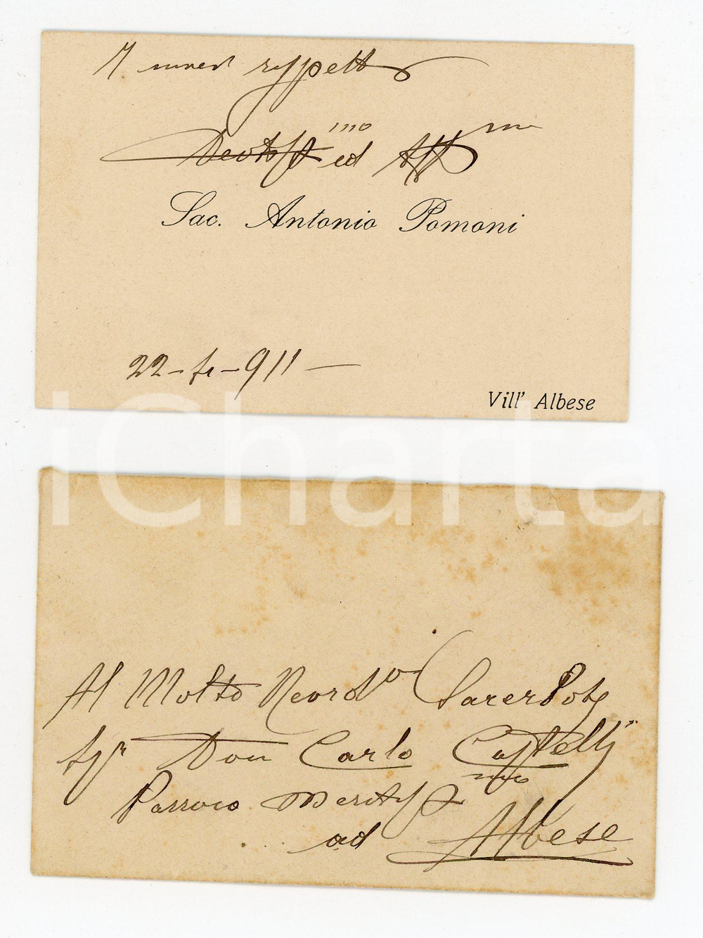 Autografo originale 1911 VILL ALBESE ALBAVILLA Don Antonio POMONI Biglietto AUTOGRAFO con busta 1