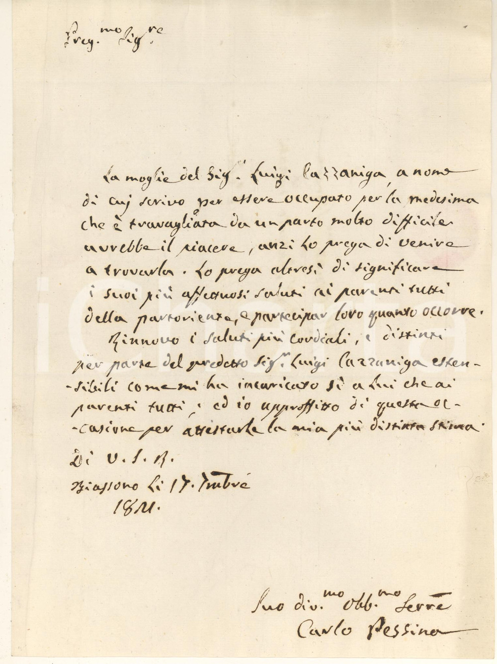 Manoscritto, lettera originale 1821 BIASSONO MB Lettera Carlo PESSINA  Parto difficile famiglia CAZZANIGA 1