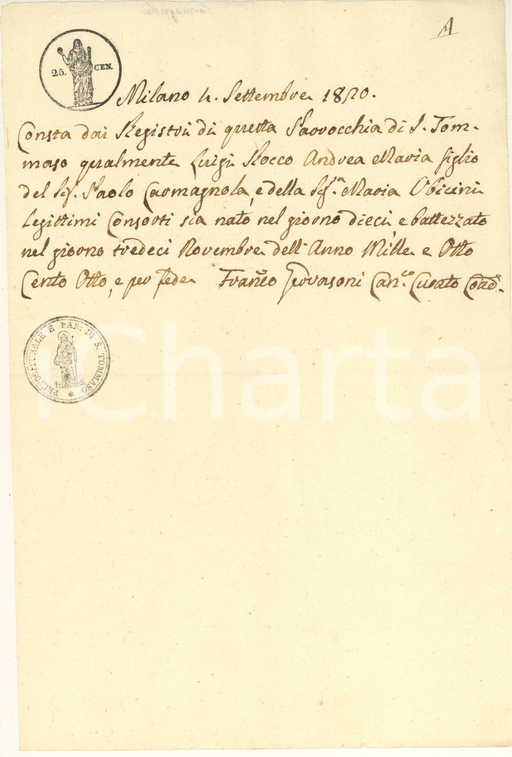 Documento originale, autentico 1820 MILANO Parrocchia S. TOMMASO Fede di battesimo di Luigi CARMAGNOLA 1