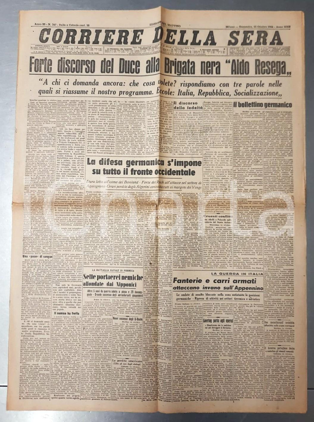 Giornale, rivista storica 1944 WW2 CORRIERE DELLA SERA Discorso del Duce alla Brigata nera Aldo Resega 1