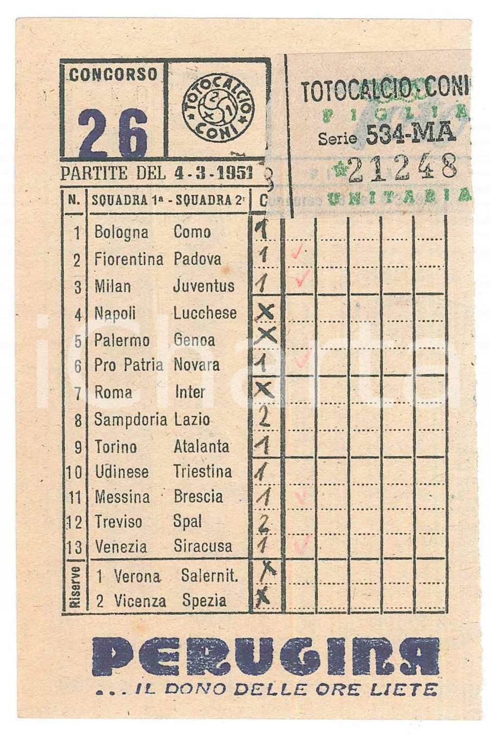 Materiale pubblicitario d’epoca 1951 CONI Schedina giocata TOTOCALCIO Concorso 26 figlia unitaria PERUGINA 3 1