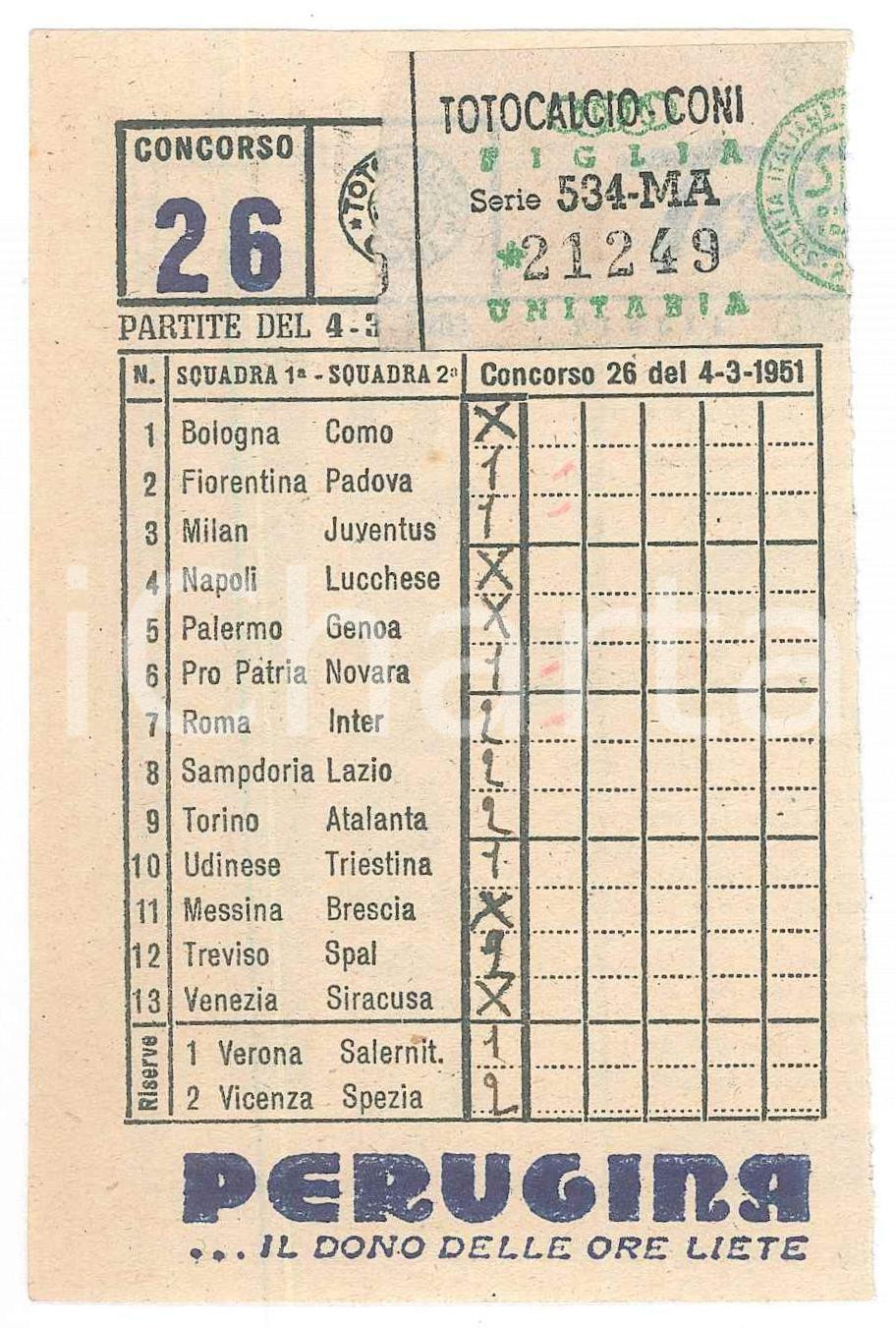 Materiale pubblicitario d’epoca 1951 CONI Schedina giocata TOTOCALCIO Concorso 26 figlia unitaria PERUGINA 1 1