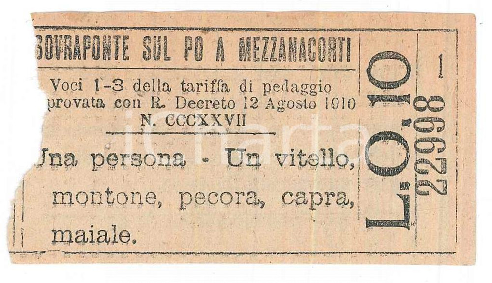 Oggetto da collezione cartaceo 1910 CAVA MANARA  MEZZANA CORTI Biglietto sovraponte sul Po persona e capra 1 1