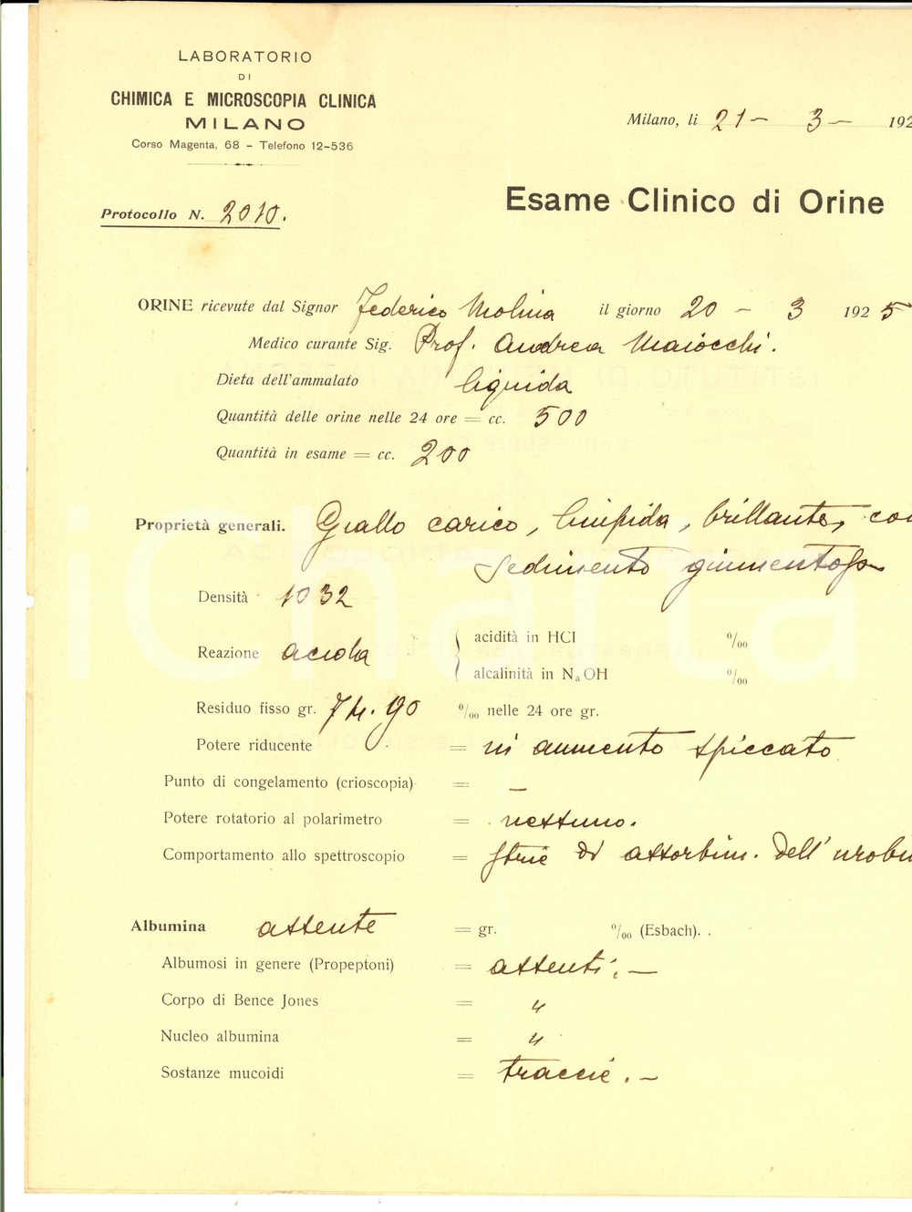 Documento originale, autentico 1925 MILANO Esame orine Istituto Medicina Interna Autografo Felice COVA 4 1