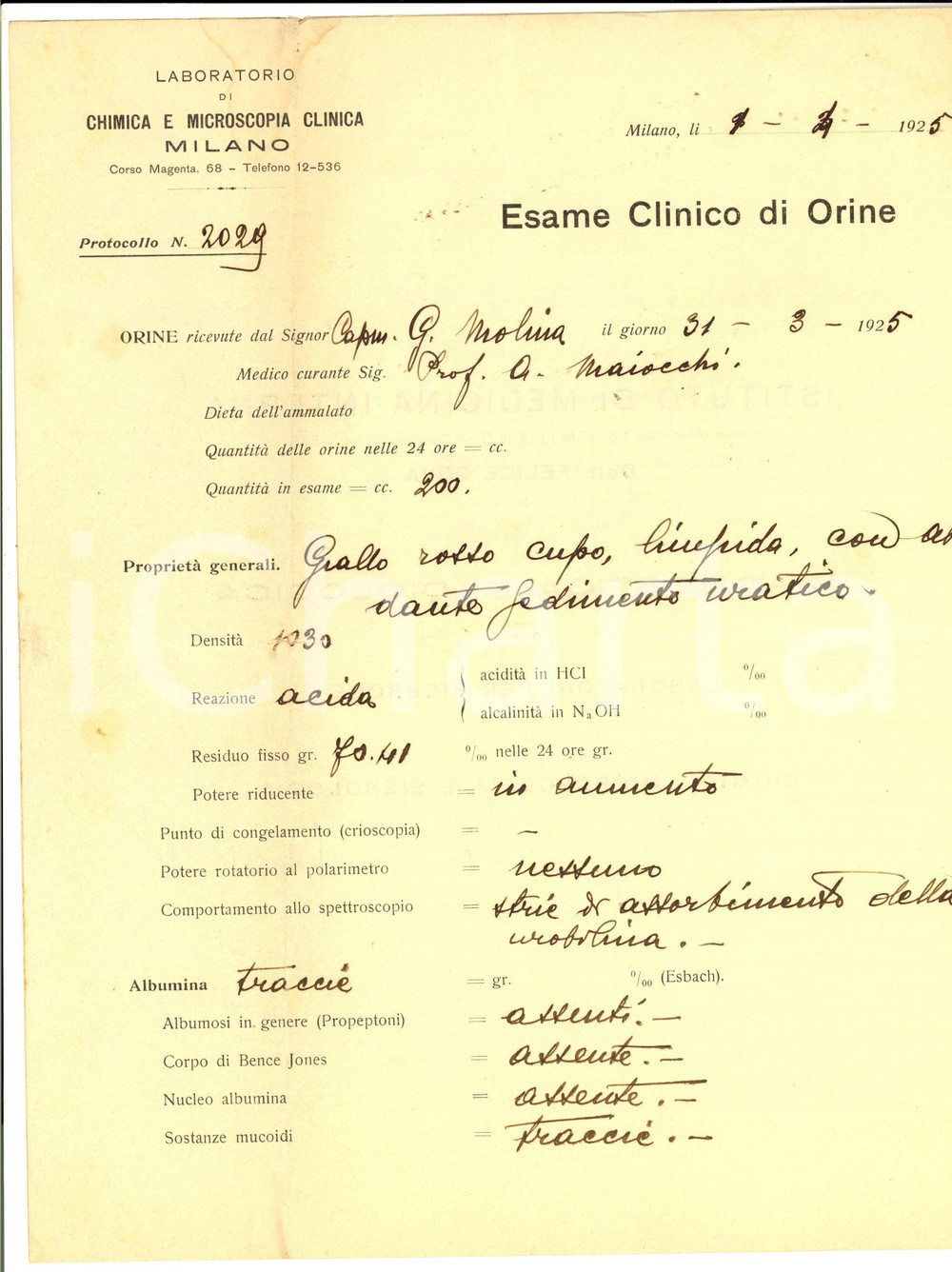 Documento originale, autentico 1925 MILANO Esame orine Istituto Medicina Interna Autografo Felice COVA 2 1