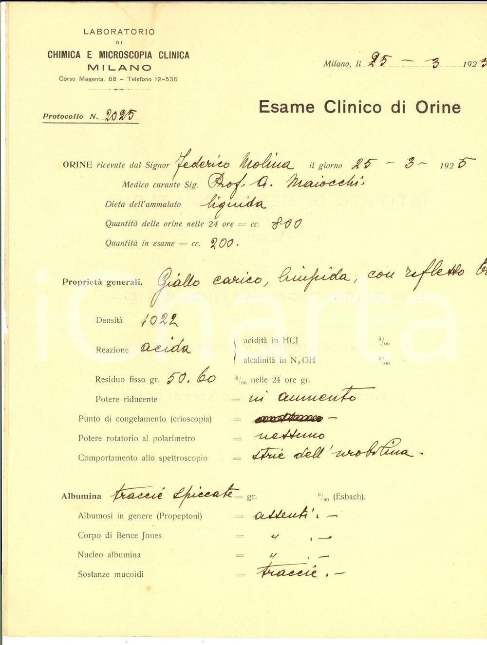 Documento originale, autentico 1925 MILANO Esame orine Istituto Medicina Interna Autografo Felice COVA 3 1