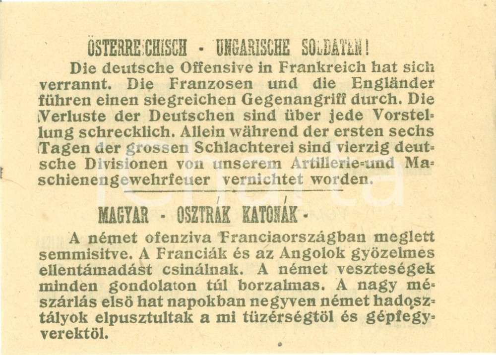 Documento originale, autentico 1918 PROPAGANDA AEREA WW1 Esercito tedesco sconfitto fronte francese Volantino 1