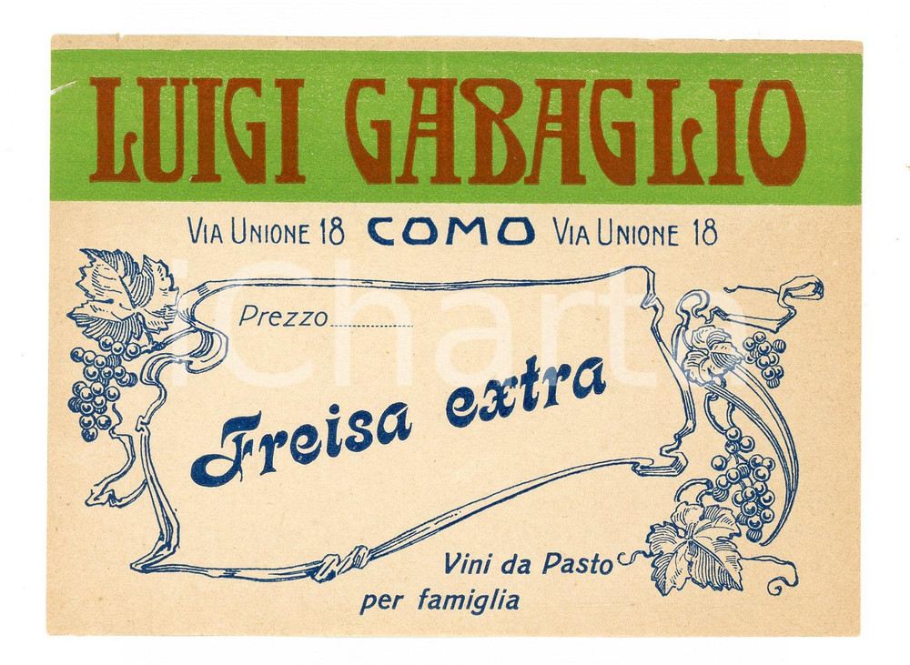 Materiale pubblicitario d’epoca 1955 ca COMO Vini da pasto Luigi GABAGLIO Etichetta Freisa extra  13x9 cm 1