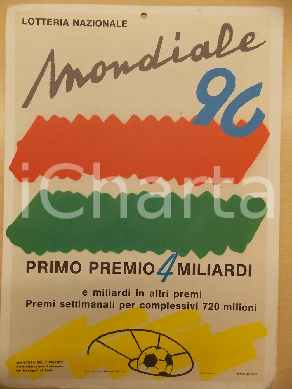 Oggetto da collezione cartaceo 1990 CALCIO MONDIALE Lotteria nazionale Locandina illustrata CAMAETI 25x35 cm 1