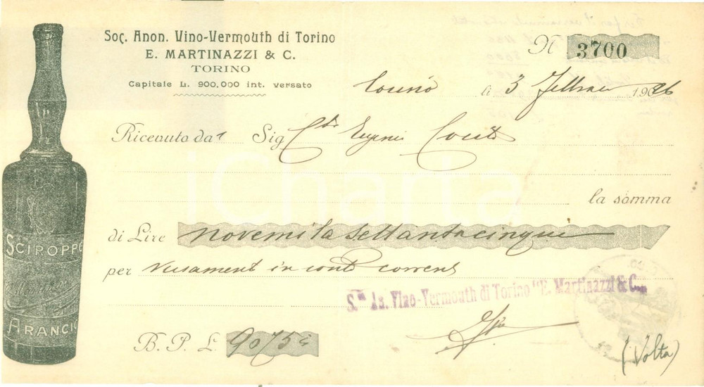 Documento originale, autentico 1926 TORINO Soc. Anonima MARTINAZZI Vino American Vermouth Ricevuta ILLUSTRATA 1