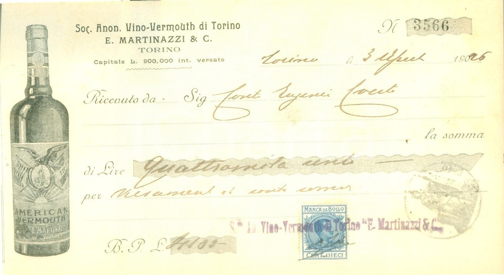 Documento originale, autentico 1926 TORINO Soc. Anonima MARTINAZZI Vino American Vermouth Ricevuta ILLUSTRATA 1
