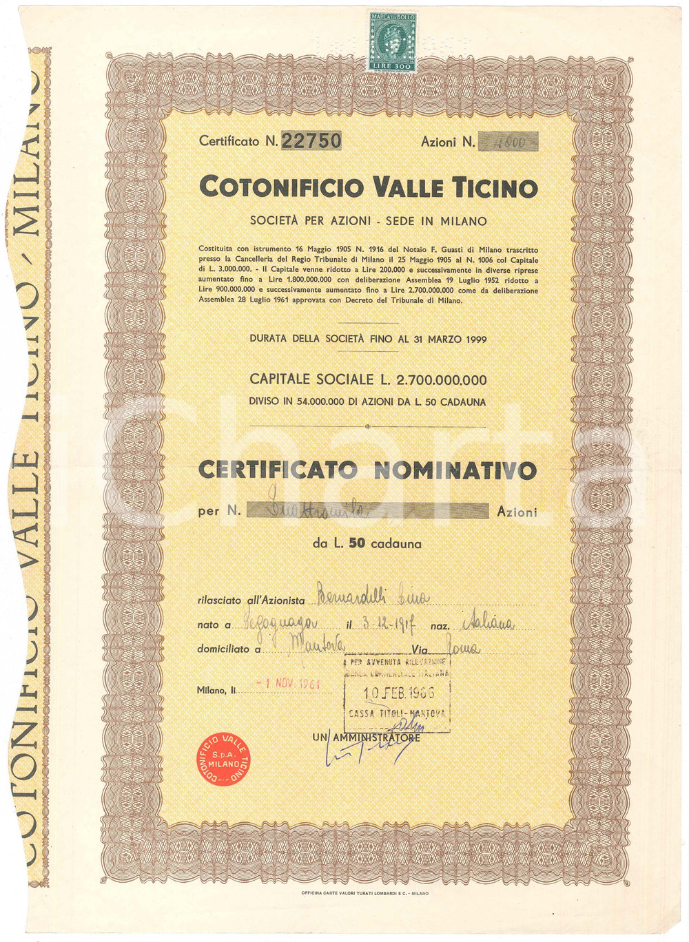 Oggetto da collezione cartaceo 1961 MILANO Cotonificio VALLE TICINO spa Certificato nominativo 4000 azioni 1