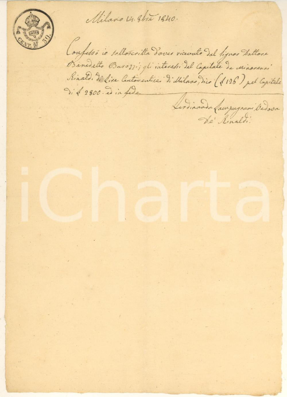 Documento originale, autentico 1840 MILANO Ricevuta Ferdinanda LAMPUGNANI vedova RINALDI pro figli minorenni 1
