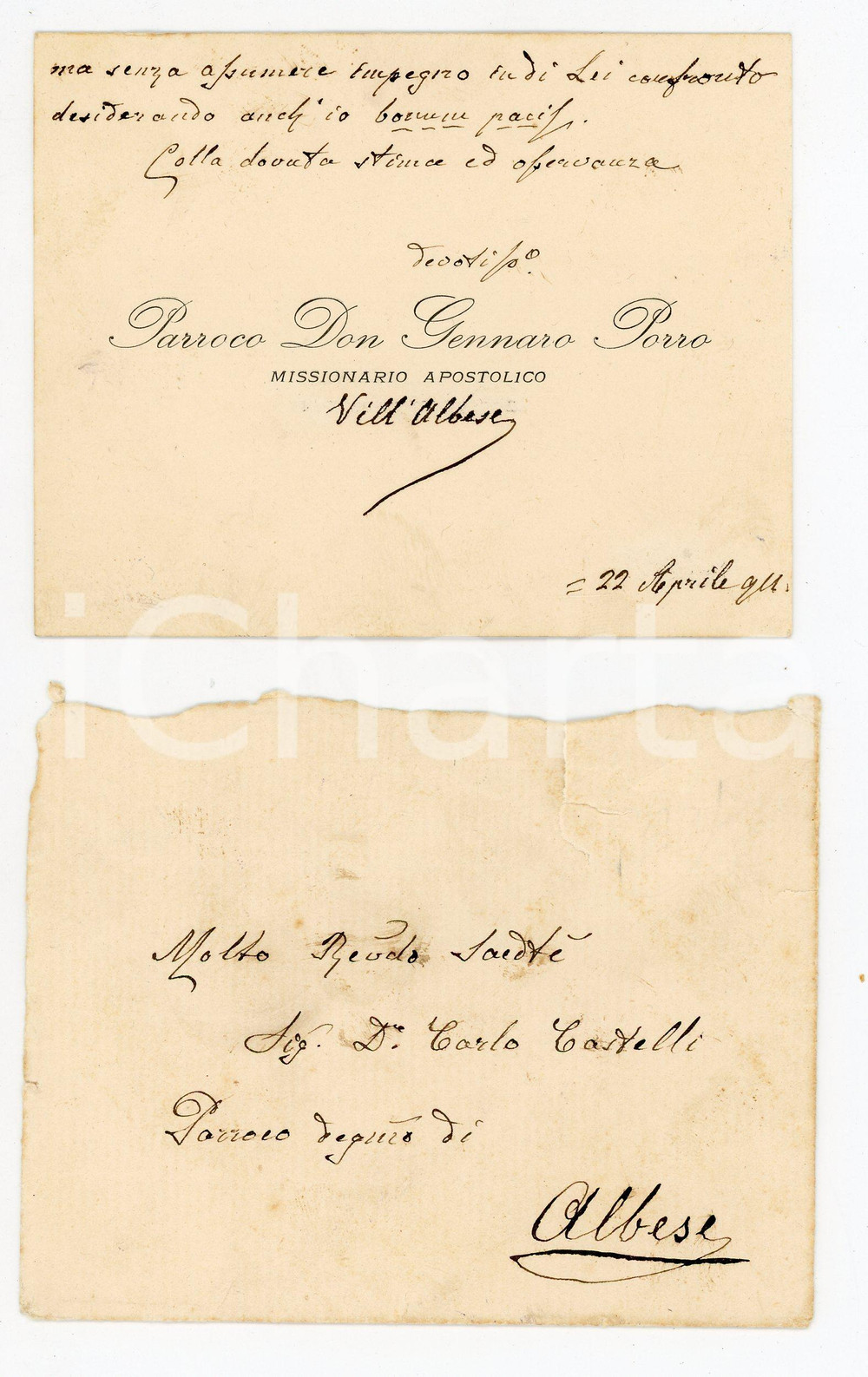 Autografo originale 1911 VILL ALBESE ALBAVILLA Don Gennaro PORRO Biglietto AUTOGRAFO con busta 1