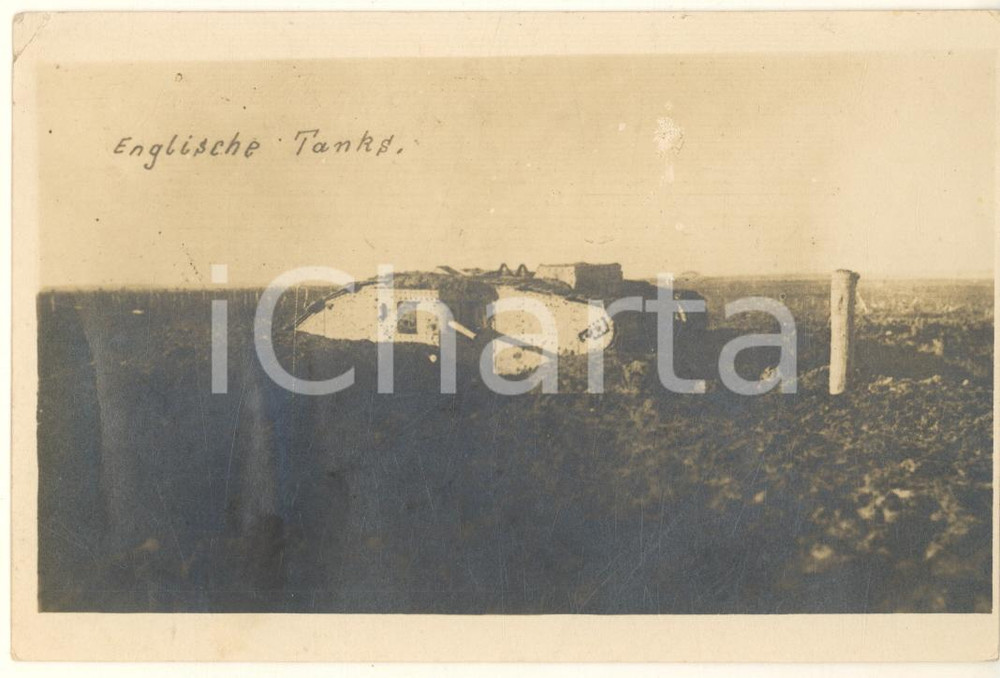 Fotografia d epoca originale 1918 WW1 DEUTSCHES HEER Carro armato inglese abbandonato Foto Carl BUSCH 14x9 1