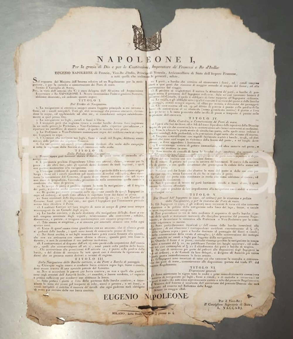 Documento originale, autentico 1806 REGNO D ITALIA MILANO Editto sulla navigazione  Manifesto DANNEGGIATO RARO 1