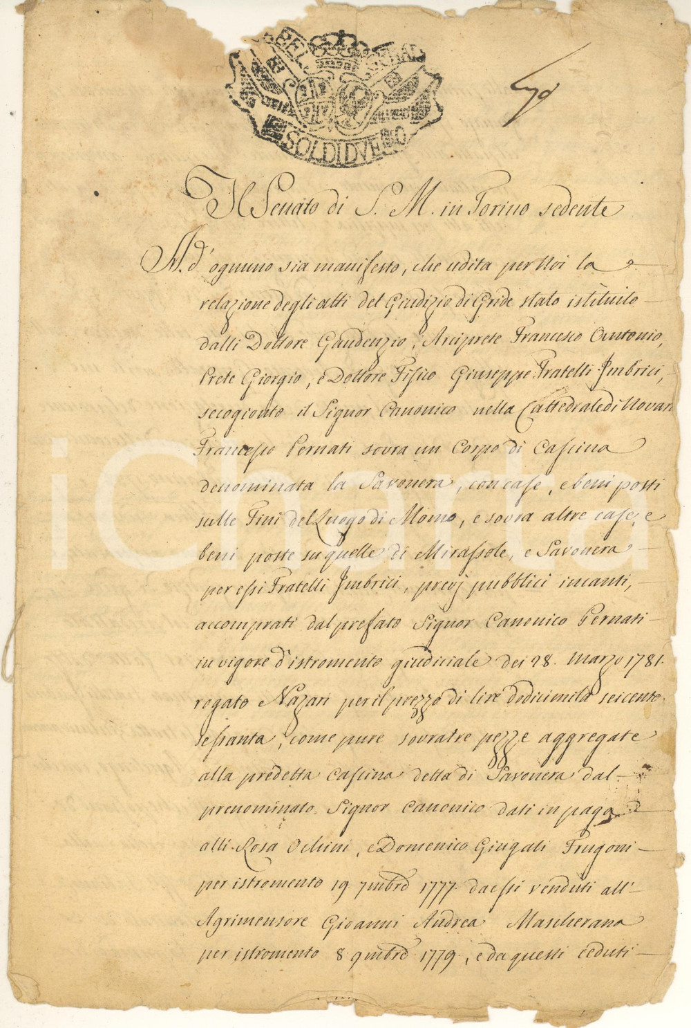 1786 AGNELLENGO DI MOMO Approvazione vendita cascina can. Francesco PERNATI Documento manoscritto, originale d'epoca, rilasciato alle parti.Si tratta dell'approvazione, da parte del Senato del Re a Torino, della vendita effettuata da Francesco Pernati (canonico della cattedrale di Novara) ai fratelli Imbrici.All'ultima pagine è presente l'alone lasciato da un sigillo in cera precedentemente esistente.PAGINE: 4 CONDIZIONI:POOR/danneggiato piegature d'epoca, macchie di umidità e mancanza al lato superioreFORMATO: 20x28 cm originale e autentica 1