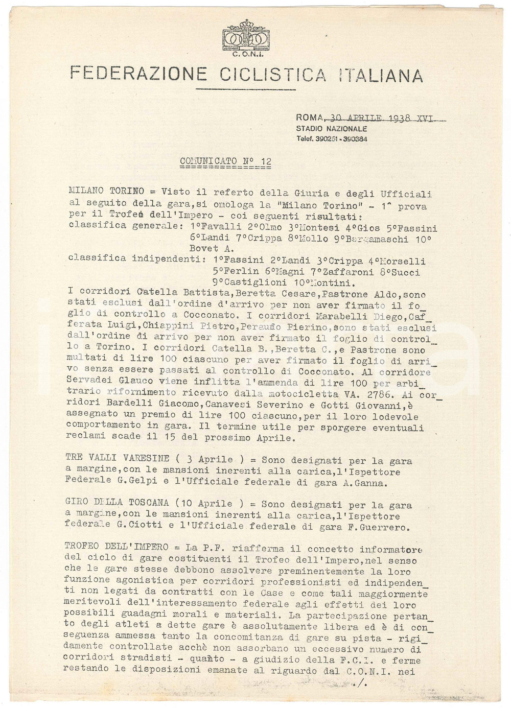 Documento originale, autentico 1938 FEDERAZIONE CICLISTICA ITALIANA Trofeo dell Impero e gara MIlanoTorino 1