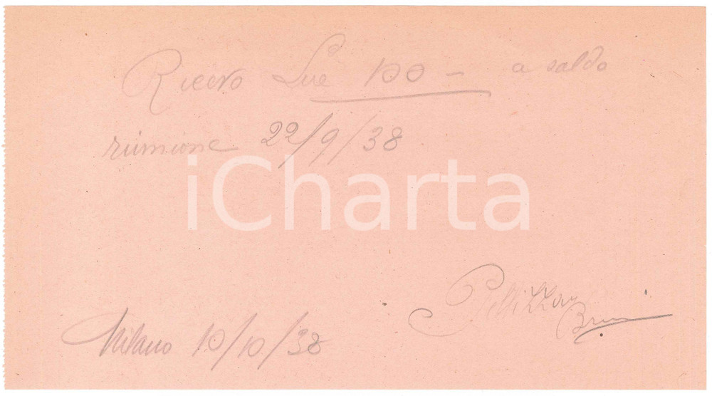 Autografo originale 1938 CICLISMO MILANO Ricevuta Bruno PELLIZZARI per ingaggio VIGORELLI AUTOGRAFO 1