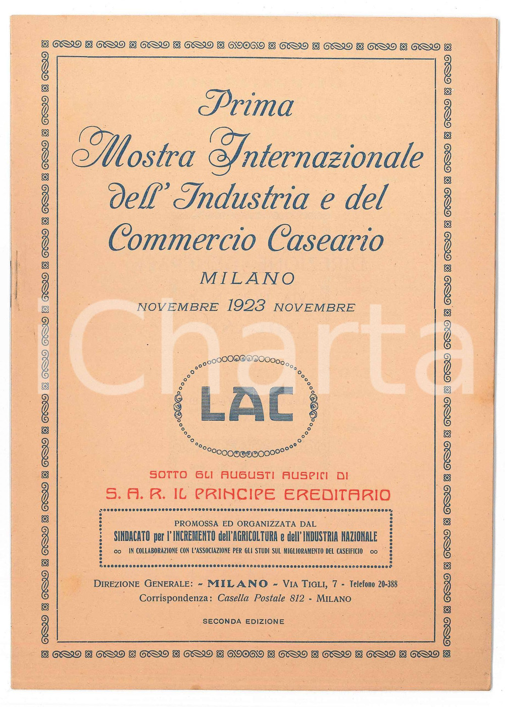 Documento originale, autentico 1923 MILANO 1 Mostra Internazionale Industria Commercio Caseario Programma 3 1