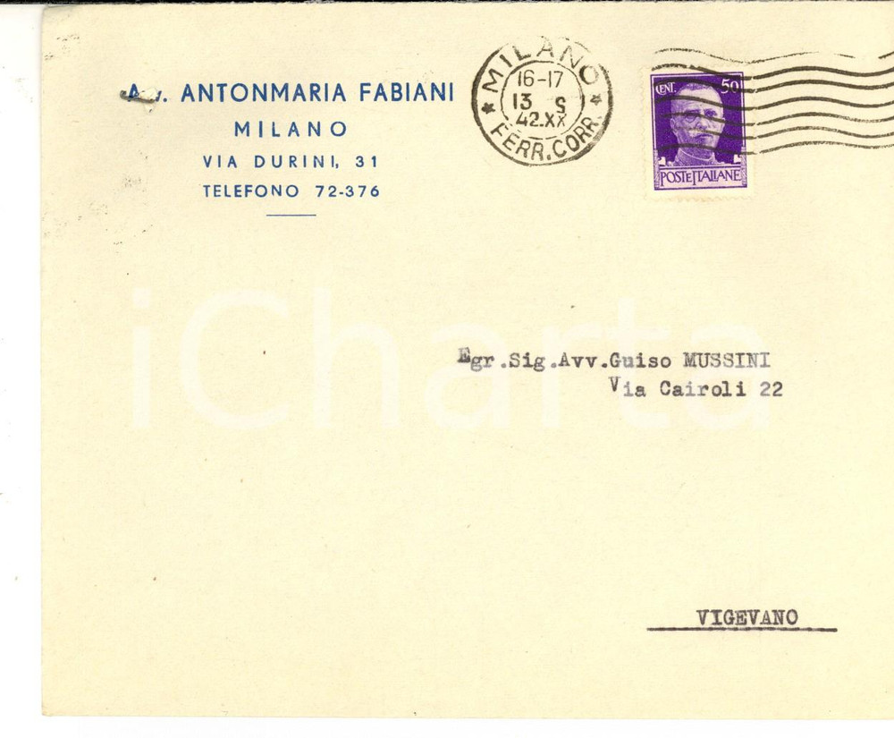 Cartolina originale da collezione 1942 STORIA POSTALE MILANO Busta Antonmaria FABIANI cent. 50 imperiale isolato 1