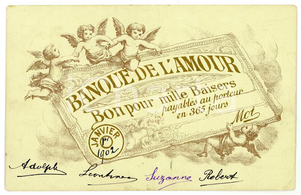 1902 BANQUE DE L'AMOUR Bon pour mille baisers - Carte postale illustrée FP VG Cartolina illustrata d'epoca.  CONDIZIONI:FAIR/discreto Lievi piegature agli angoli, lievi macchie al versoFORMATO: 13x9 cm originale e autentica 1