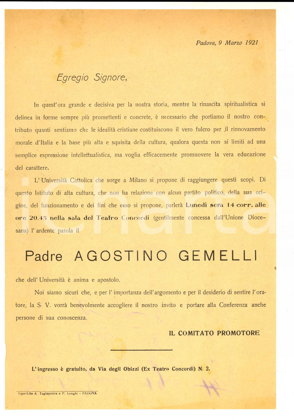 Documento originale, autentico 1921 PADOVA Università Cattolica  Conferenza padre Agostino GEMELLI Locandina 1
