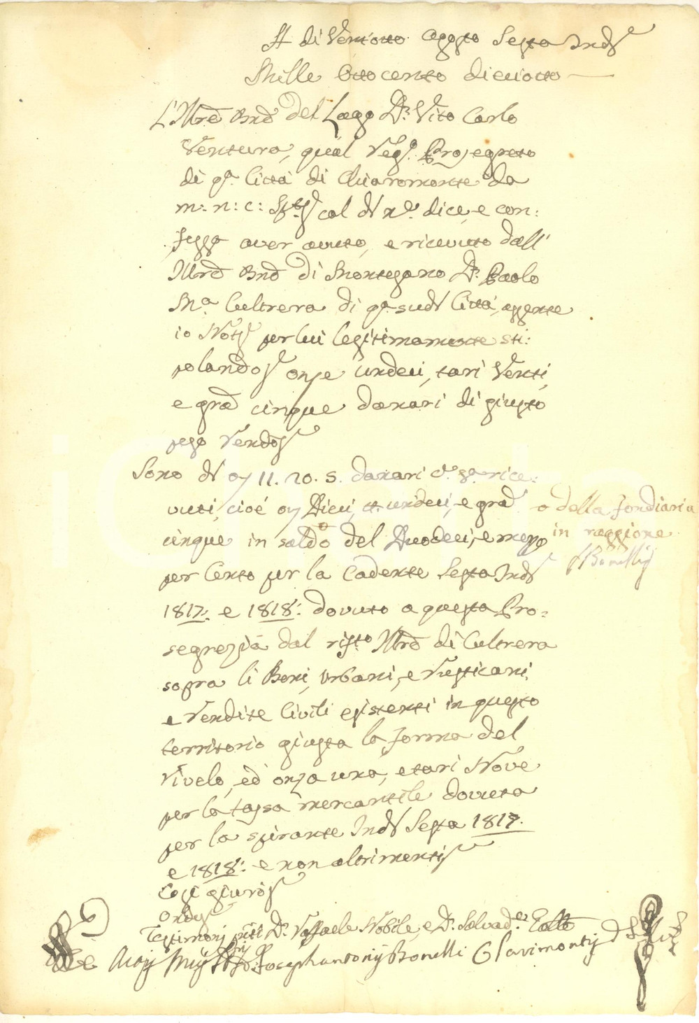 Documento originale, autentico 1818 CHIARAMONTE GULFI Barone Paolo CULTRERA salda quota dovuta per livelli 1
