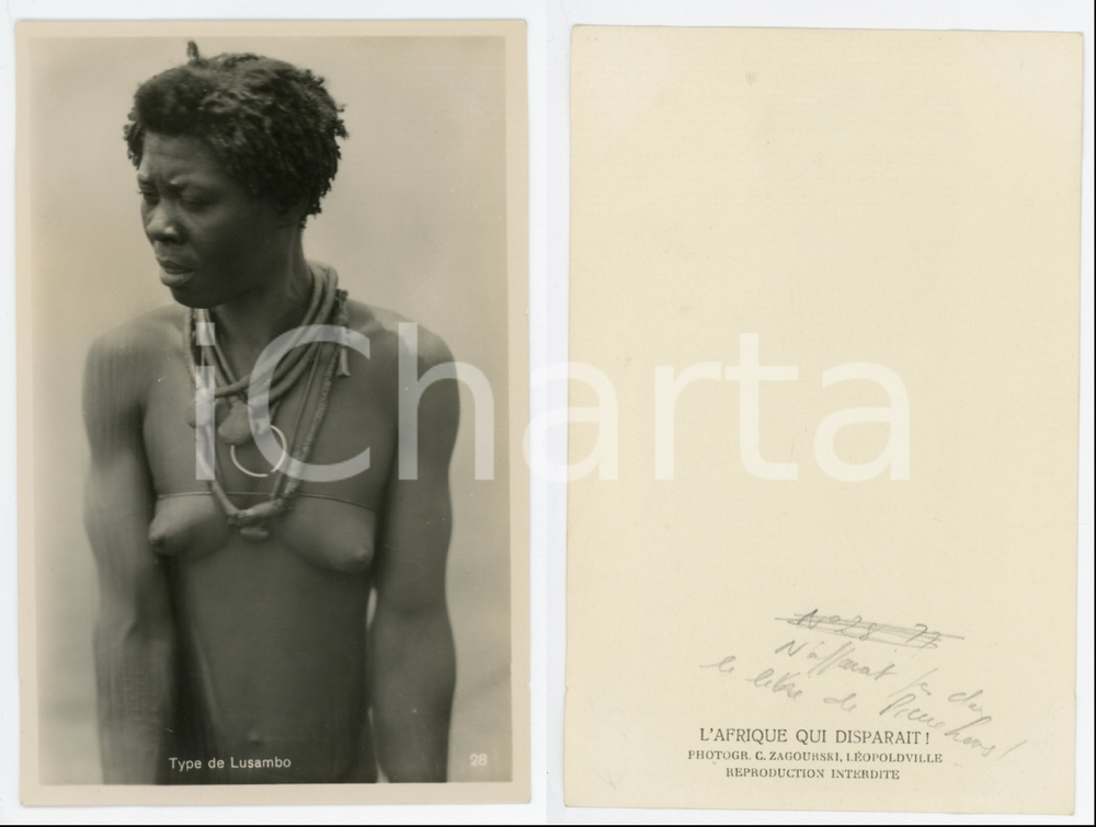 1930 C. ZAGOURSKI «L'Afrique qui disparaît» Type de Lusambo - Femme ^Photo n.28  Fotografia originale d'epoca, appartenente alla serie «L'Afrique qui disparaît» del fotografo Casimir Zagourski (Léopoldville). CONDIZIONI:GOOD/buonoFORMATO: 9x14 cm originale e autentica 1