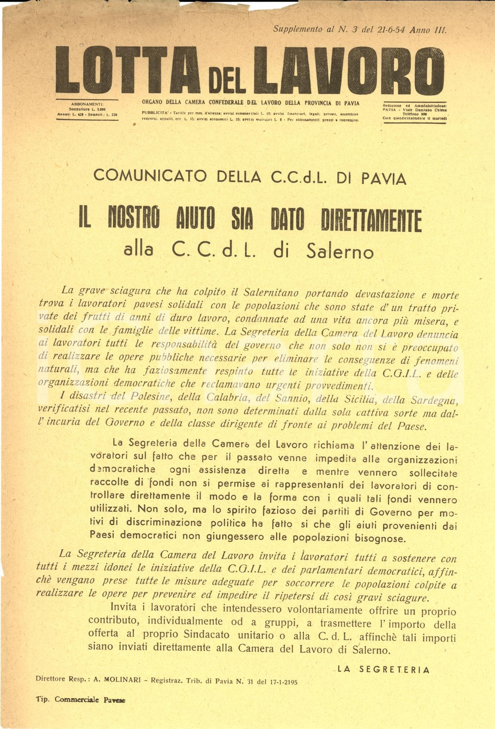 Oggetto da collezione cartaceo 1954 PAVIA CGIL aiuta popolazioni disastro SALERNITANO - Volantino (2) 1