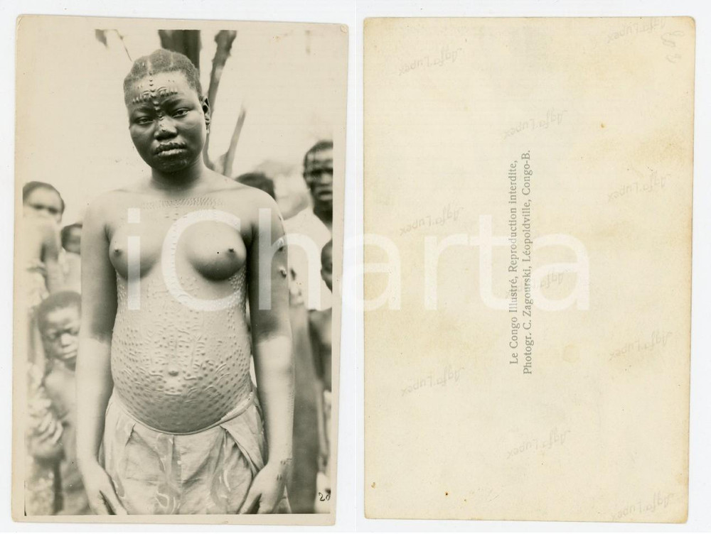 1930 ca C. ZAGOURSKI «Le Congo Illustré» Femme BANGALA - Scarification (1)  Fotografia seriale, originale d'epoca, appartenente alla serie «Le Congo Illustré» del fotografo Casimir Zagourski (Léopoldville). CONDIZIONI:GOOD/buono minima sbrecciatura angolareFORMATO: 9x14 cm originale e autentica 1