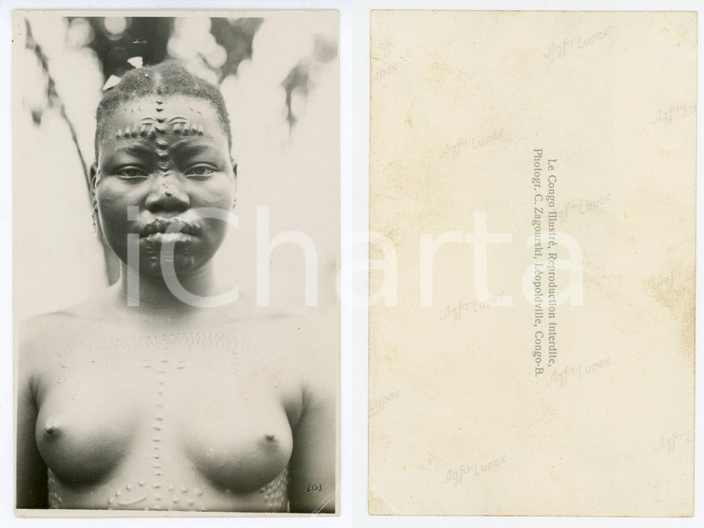1930 ca C. ZAGOURSKI «Le Congo Illustré» Femme BANGALA - Scarification (2)  Fotografia seriale, originale d'epoca, appartenente alla serie «Le Congo Illustré» del fotografo Casimir Zagourski (Léopoldville). CONDIZIONI:FAIR/discreto piegatura angolareFORMATO: 9x14 cm originale e autentica 1