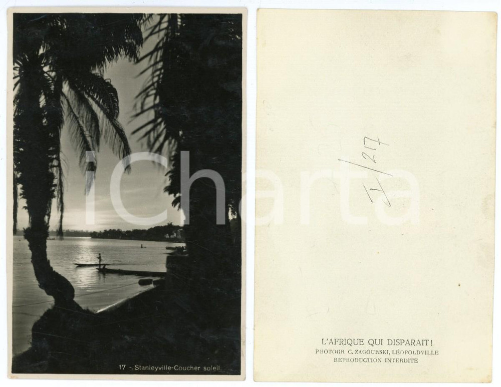 1930 ZAGOURSKI «L'Afrique qui disparaît» STANLEYVILLE - Coucher du soleil I. 217  Fotografia originale d'epoca, appartenente alla serie «L'Afrique qui disparaît» del fotografo Casimir Zagourski (Léopoldville). CONDIZIONI:FAIR/discreto lievi rigatureFORMATO: 9x14 cm originale e autentica 1