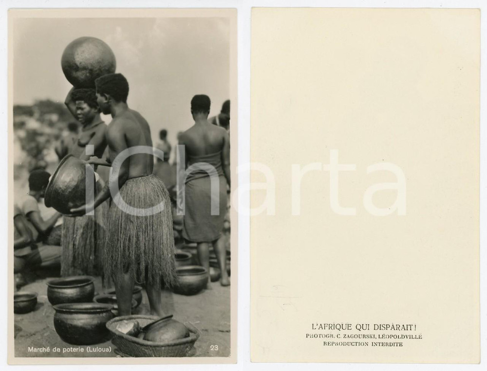 1930 ca C. ZAGOURSKI «L'Afrique qui disparaît» Marché de poterie (LULOUA) Photo  Fotografia originale d'epoca, appartenente alla serie «L'Afrique qui disparaît» del fotografo Casimir Zagourski (Léopoldville). CONDIZIONI:FAIR/discreto piegatura angolareFORMATO: 9x14 cm originale e autentica 1
