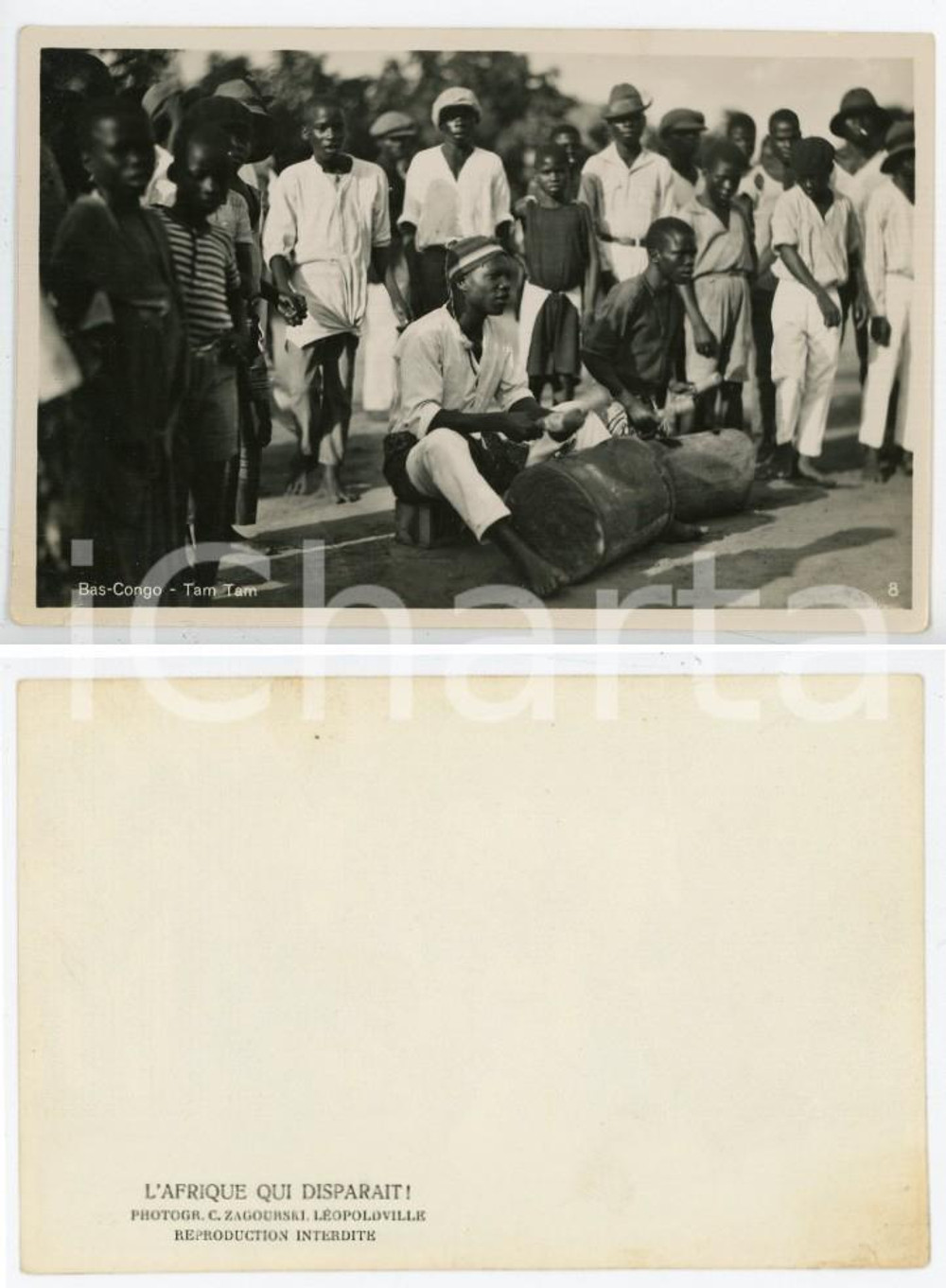 1930 ca C. ZAGOURSKI «L'Afrique qui disparaît» BAS CONGO - Tam tam *Photo  Fotografia originale d'epoca, appartenente alla serie «L'Afrique qui disparaît» del fotografo Casimir Zagourski (Léopoldville). CONDIZIONI:POOR/danneggiato piegatureFORMATO: 9x14 cm originale e autentica 1